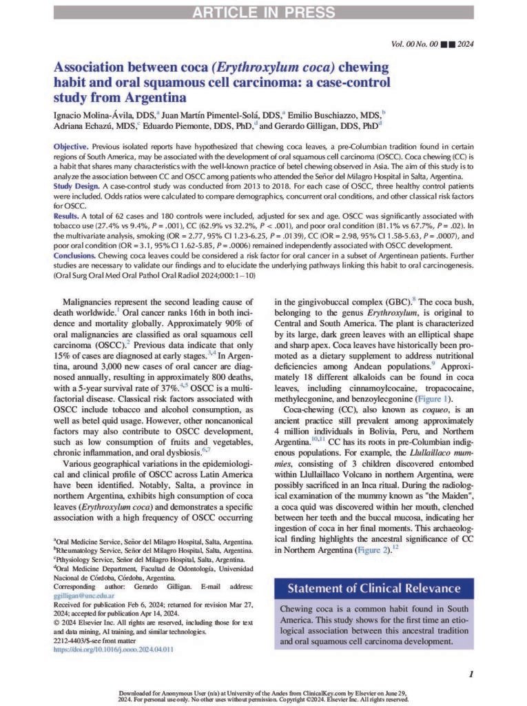 thumbnail of Association between coca (Erythroxylum coca) chewing