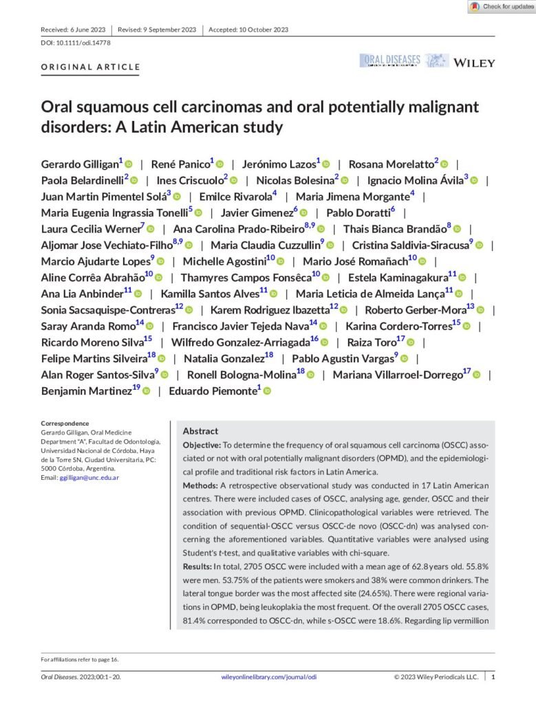 thumbnail of Oral Diseases – Oral squamous cell carcinomas and oral potentially malignant disorders A Latin American