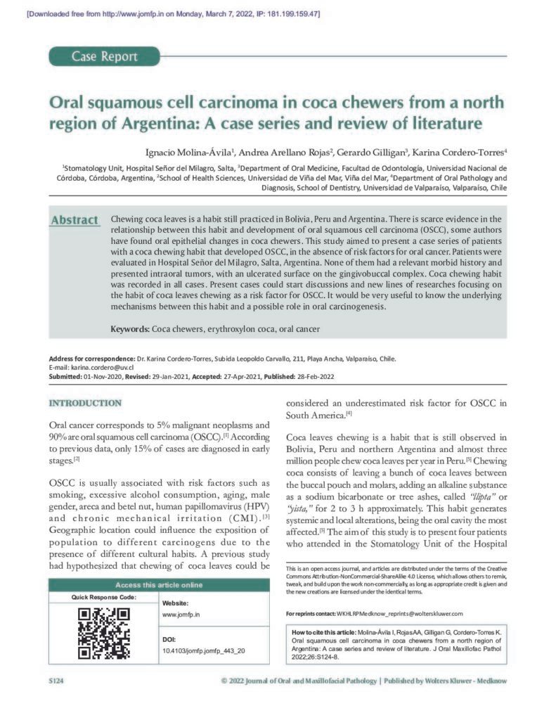 thumbnail of Oral squamous cell carcinoma in coca chewers from a north